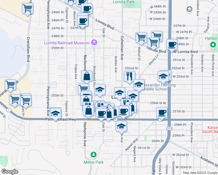 map of restaurants, bars, coffee shops, grocery stores, and more near 25400 Oak Street in Lomita