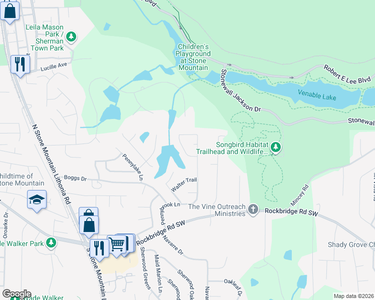 map of restaurants, bars, coffee shops, grocery stores, and more near 760 Pennybrook Lane in Stone Mountain