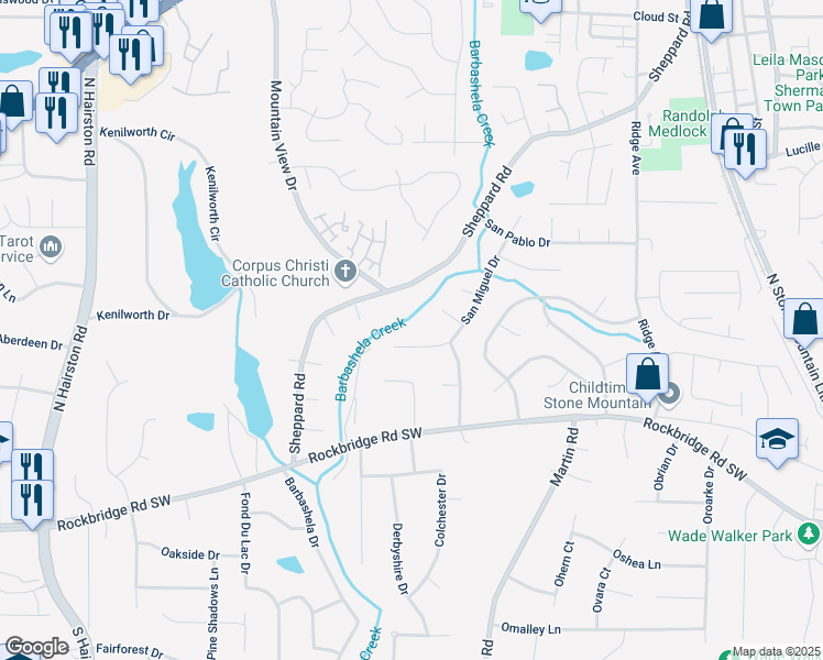 map of restaurants, bars, coffee shops, grocery stores, and more near 820 San Miguel Drive in Stone Mountain