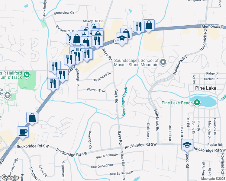 map of restaurants, bars, coffee shops, grocery stores, and more near 554 Rays Road in Stone Mountain