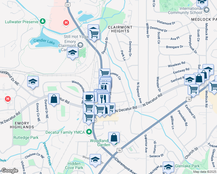 map of restaurants, bars, coffee shops, grocery stores, and more near 585 Emory Oaks Way in Decatur