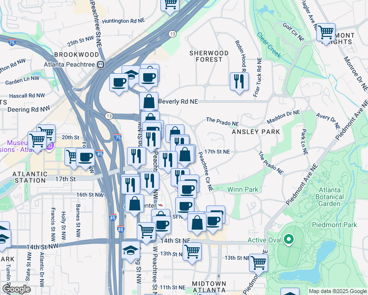 map of restaurants, bars, coffee shops, grocery stores, and more near 64 17th Street Northwest in Atlanta