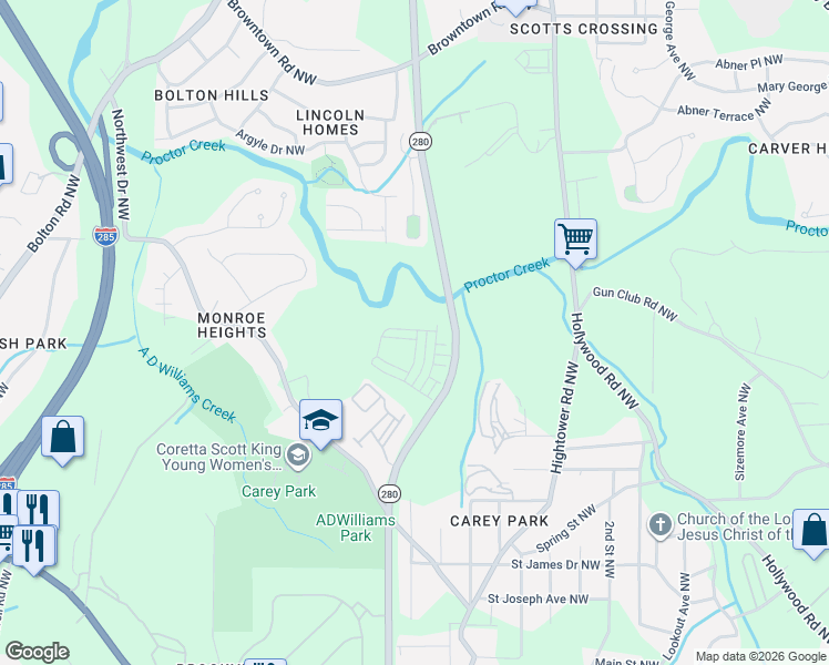 map of restaurants, bars, coffee shops, grocery stores, and more near 1692 James Jackson Pkwy NW in Atlanta