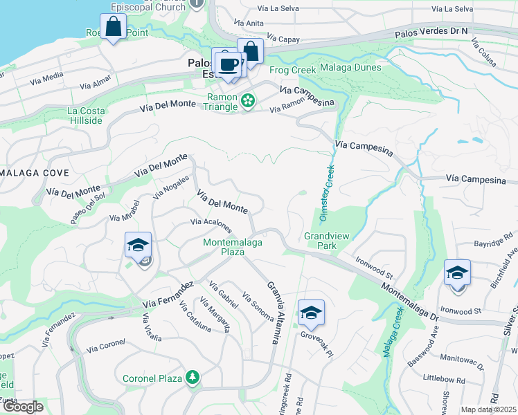 map of restaurants, bars, coffee shops, grocery stores, and more near 981 Via Rincon in Palos Verdes Estates