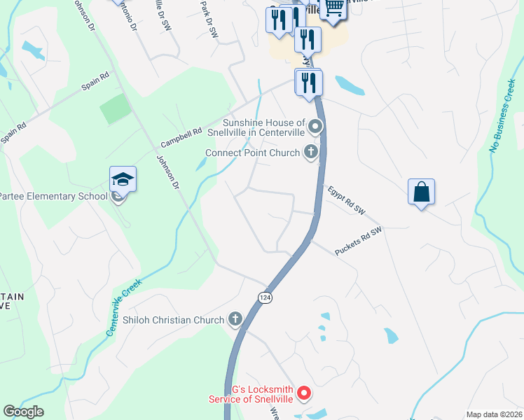 map of restaurants, bars, coffee shops, grocery stores, and more near 3764 Summit View Lane Southwest in Snellville