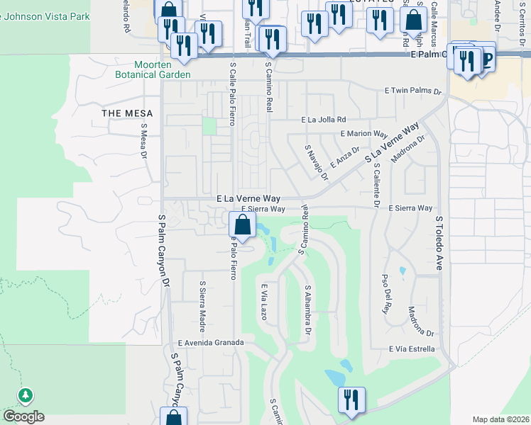 map of restaurants, bars, coffee shops, grocery stores, and more near 677 East Sierra Way in Palm Springs