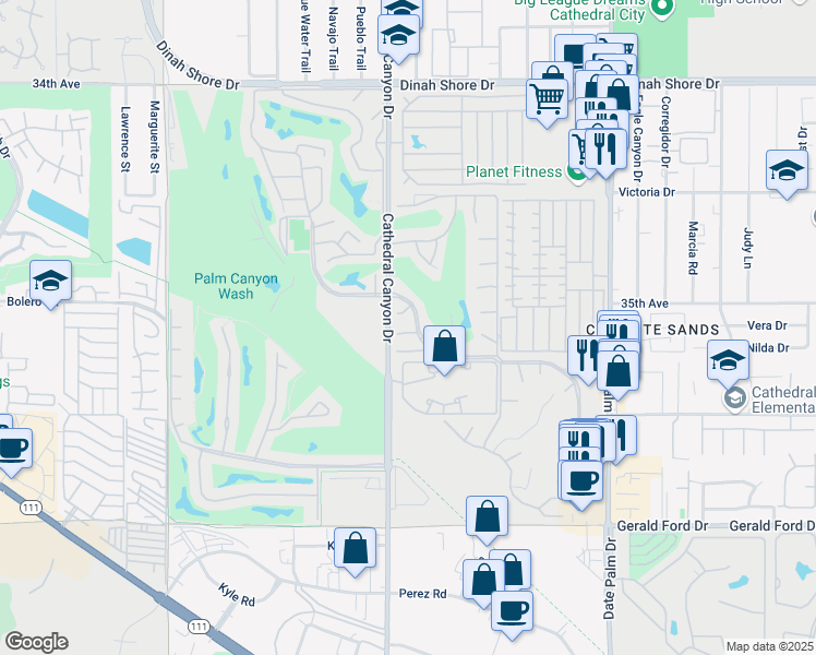 map of restaurants, bars, coffee shops, grocery stores, and more near 68526 Calle Alagon in Cathedral City