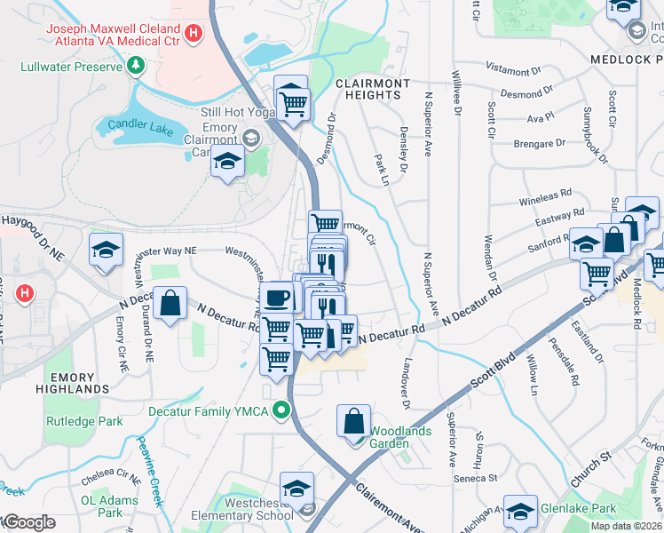 map of restaurants, bars, coffee shops, grocery stores, and more near 597 Emory Oaks Way in Decatur