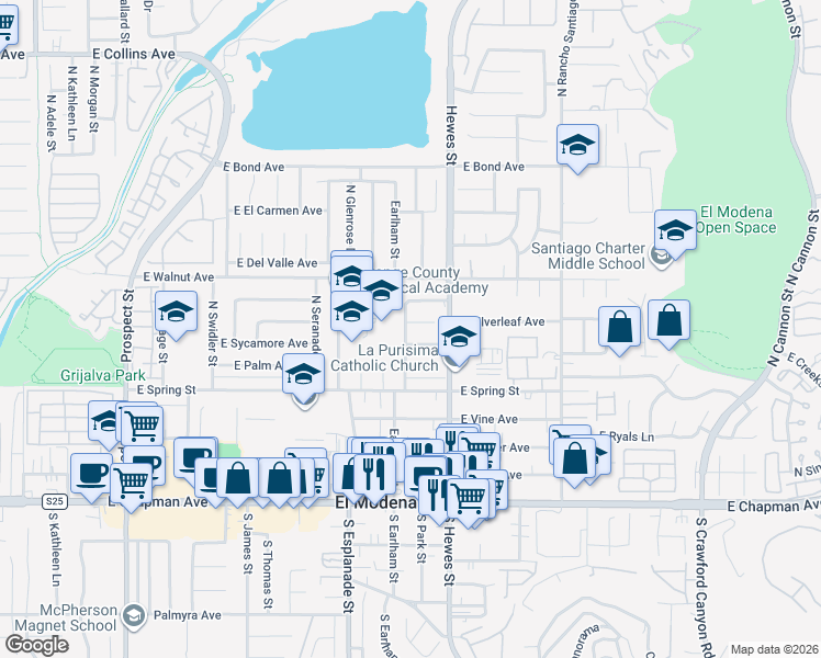 map of restaurants, bars, coffee shops, grocery stores, and more near 4422 East Silverleaf Avenue in Orange