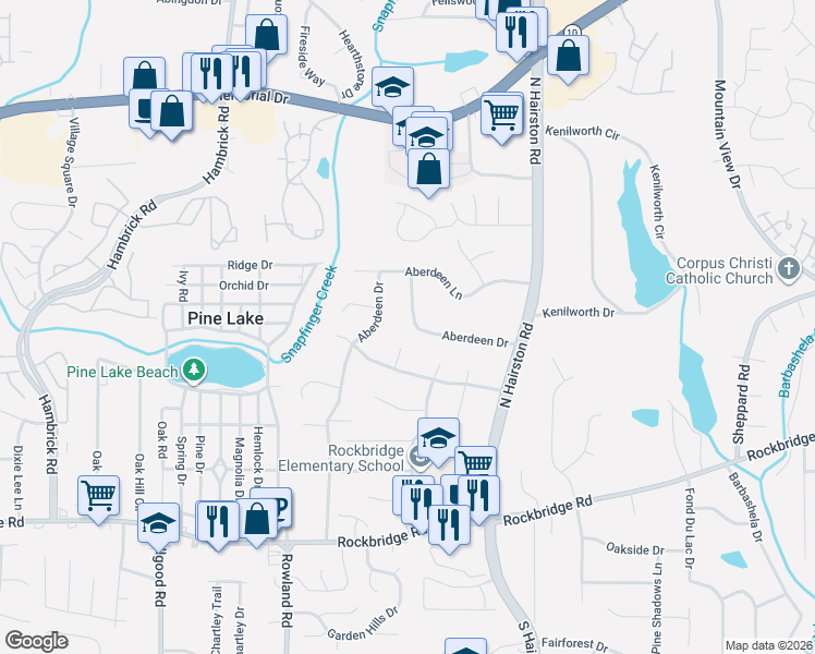 map of restaurants, bars, coffee shops, grocery stores, and more near 571 Aberdeen Drive in Stone Mountain