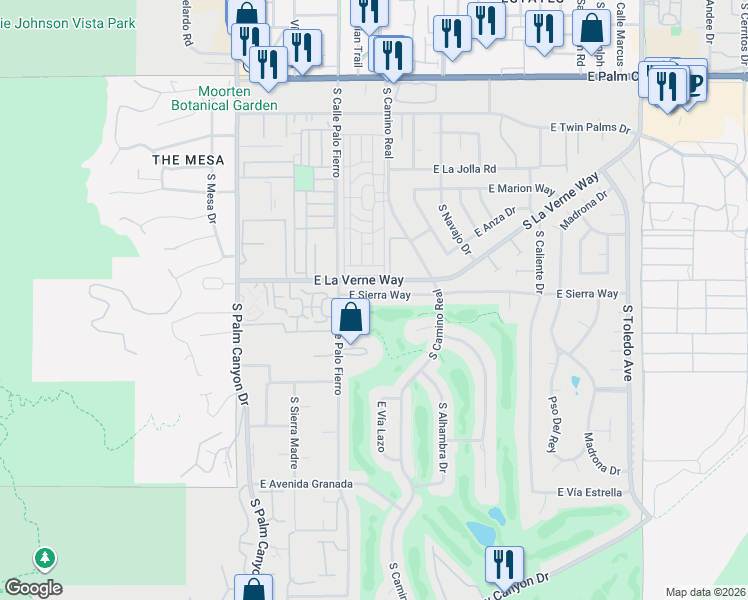 map of restaurants, bars, coffee shops, grocery stores, and more near 605 East Sierra Way in Palm Springs