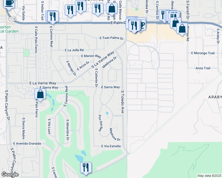map of restaurants, bars, coffee shops, grocery stores, and more near 1491 East Sierra Way in Palm Springs