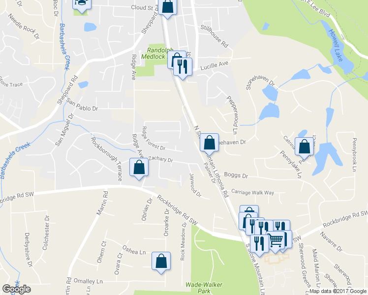 map of restaurants, bars, coffee shops, grocery stores, and more near 5420 Ridge Forest Dr in Stone Mountain