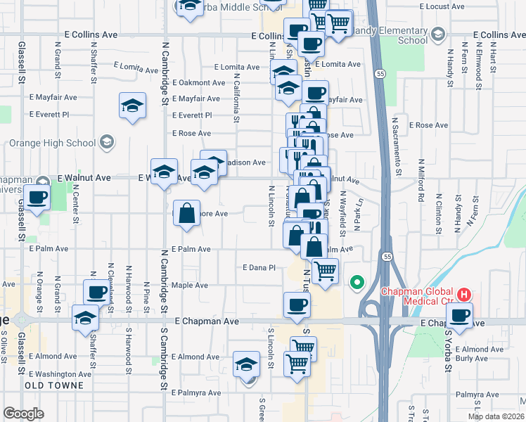 map of restaurants, bars, coffee shops, grocery stores, and more near 1404 East Sycamore Avenue in Orange