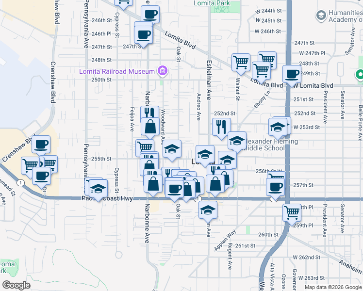 map of restaurants, bars, coffee shops, grocery stores, and more near 25400 Oak Street in Lomita