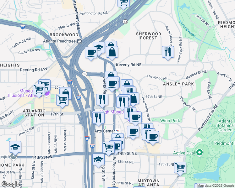 map of restaurants, bars, coffee shops, grocery stores, and more near 1409-1427 Peachtree Street Northeast in Atlanta