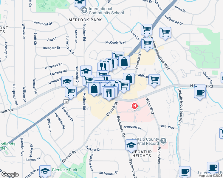 map of restaurants, bars, coffee shops, grocery stores, and more near 2566 Blackmon Drive in Decatur