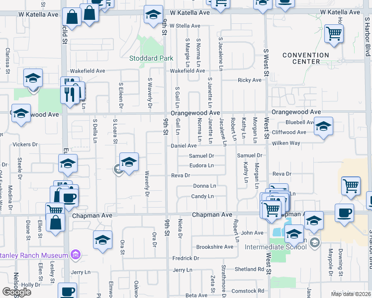 map of restaurants, bars, coffee shops, grocery stores, and more near 11562 Daniel Avenue in Garden Grove