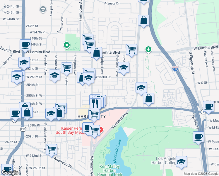 map of restaurants, bars, coffee shops, grocery stores, and more near 1041 Harbor Heights Drive in Los Angeles