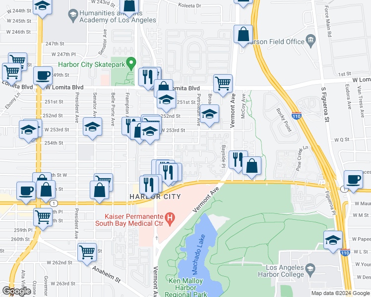 map of restaurants, bars, coffee shops, grocery stores, and more near 1061 Harbor Heights Drive in Los Angeles