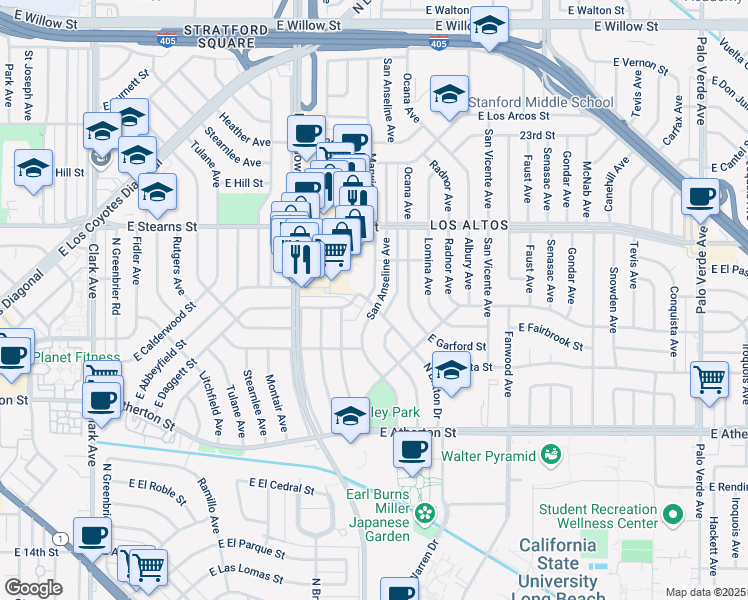 map of restaurants, bars, coffee shops, grocery stores, and more near 2109 San Anseline Avenue in Long Beach