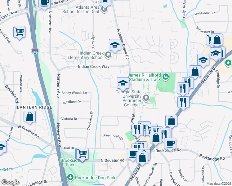 map of restaurants, bars, coffee shops, grocery stores, and more near 618 North Indian Creek Drive in Clarkston