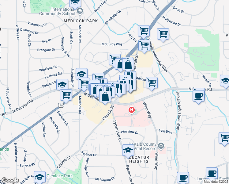 map of restaurants, bars, coffee shops, grocery stores, and more near 1580 Church Street in Decatur