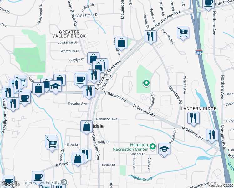 map of restaurants, bars, coffee shops, grocery stores, and more near 3218 North Decatur Road in Scottdale