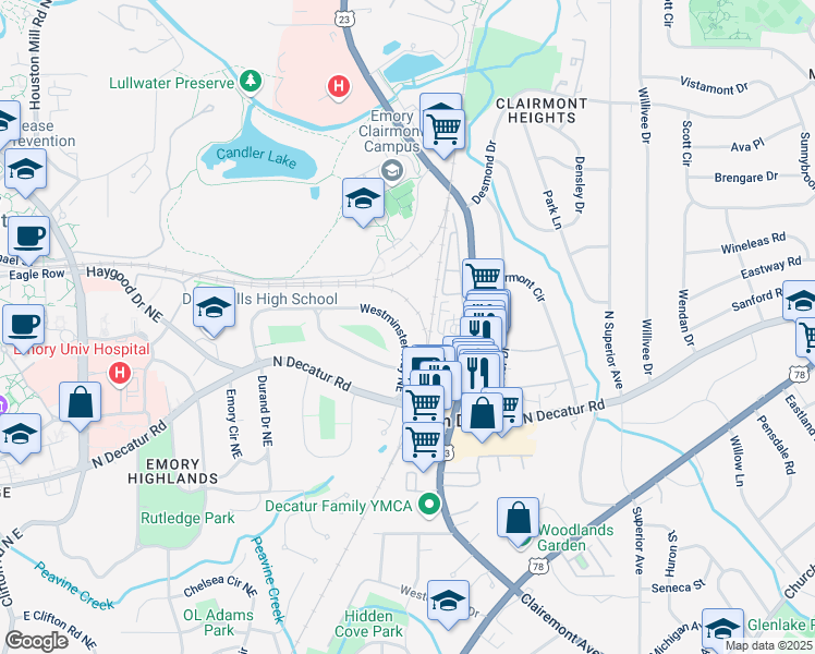 map of restaurants, bars, coffee shops, grocery stores, and more near 1986 Westminster Way Northeast in Atlanta