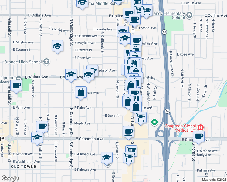 map of restaurants, bars, coffee shops, grocery stores, and more near 1404 East Sycamore Avenue in Orange