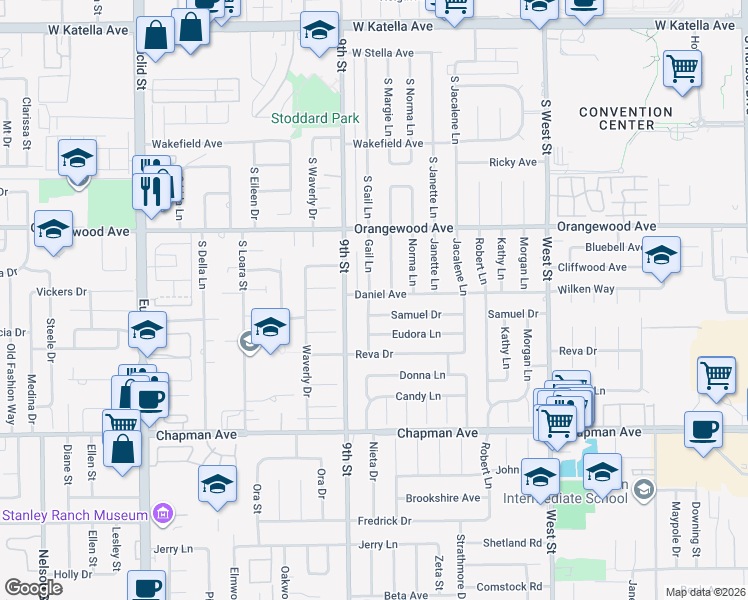 map of restaurants, bars, coffee shops, grocery stores, and more near 11562 Daniel Avenue in Garden Grove