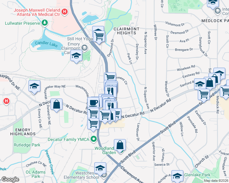 map of restaurants, bars, coffee shops, grocery stores, and more near 585 Emory Oaks Way in Decatur