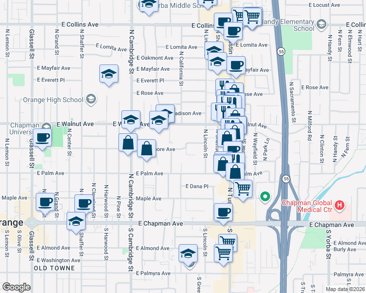 map of restaurants, bars, coffee shops, grocery stores, and more near 1245 East Sycamore Avenue in Orange