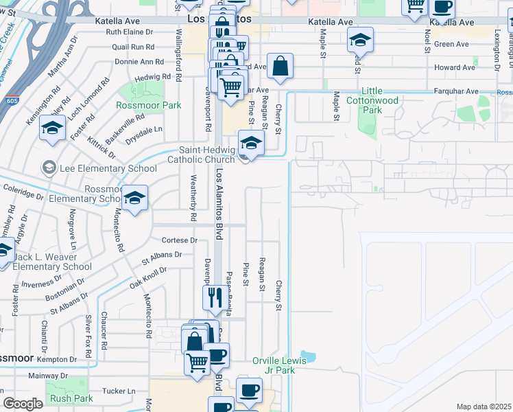 map of restaurants, bars, coffee shops, grocery stores, and more near 11661 Reagan Street in Los Alamitos