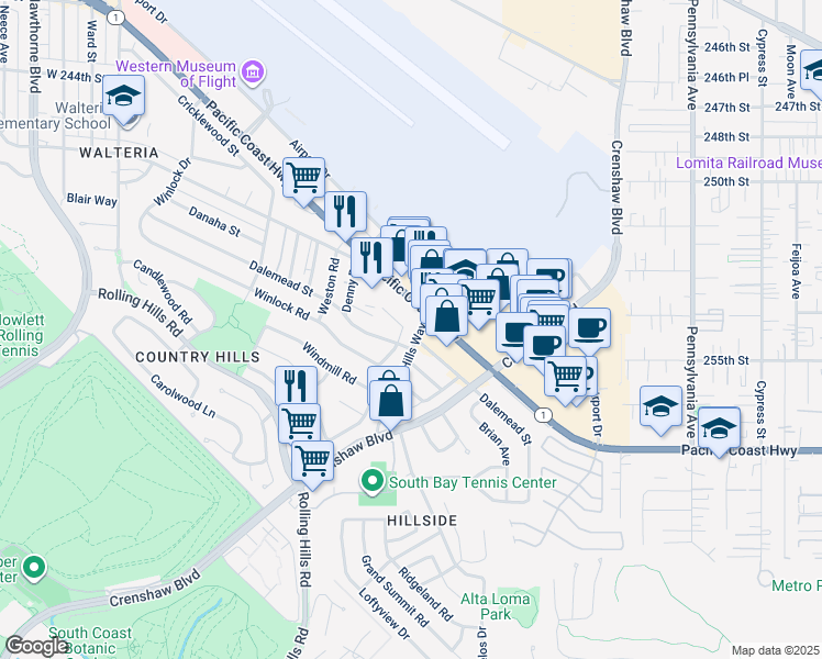 map of restaurants, bars, coffee shops, grocery stores, and more near 2815 Danaha Street in Torrance