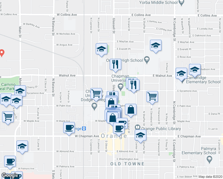 map of restaurants, bars, coffee shops, grocery stores, and more near 402 North Glassell Street in Orange