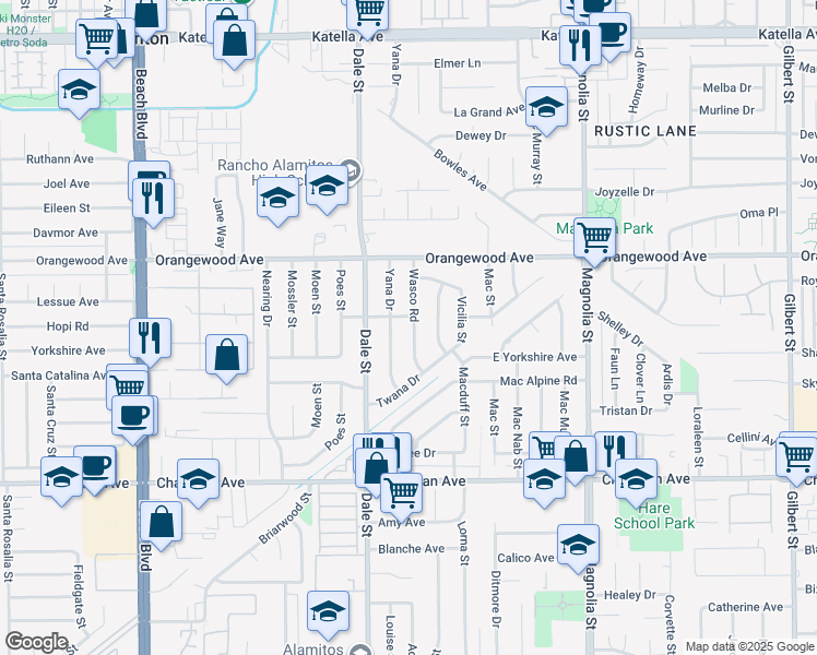 map of restaurants, bars, coffee shops, grocery stores, and more near 11641 Wasco Road in Garden Grove
