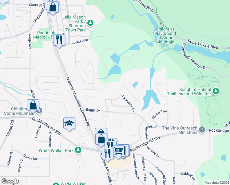 map of restaurants, bars, coffee shops, grocery stores, and more near 619 Pennylake Lane in Stone Mountain