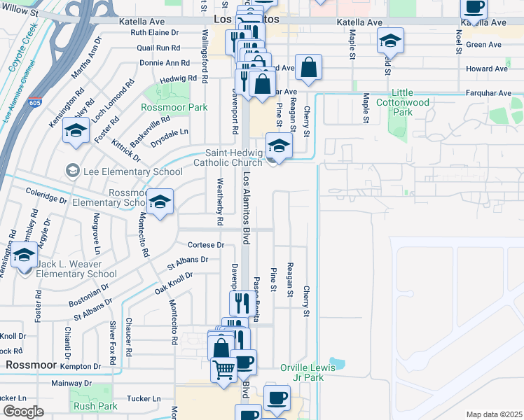 map of restaurants, bars, coffee shops, grocery stores, and more near 11662 Paseo Bonita in Los Alamitos