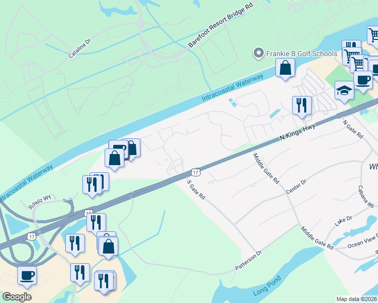 map of restaurants, bars, coffee shops, grocery stores, and more near 1 Dolphin Court in Myrtle Beach