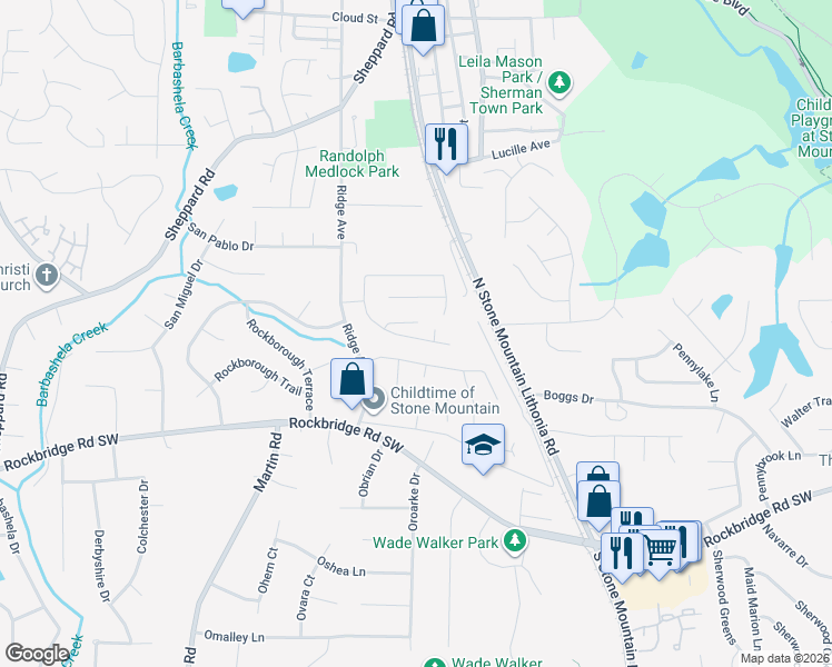 map of restaurants, bars, coffee shops, grocery stores, and more near 5384 Ridge Forest Drive in Stone Mountain