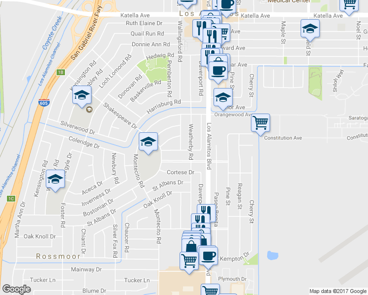 map of restaurants, bars, coffee shops, grocery stores, and more near 11662 Wallingsford Road in Los Alamitos