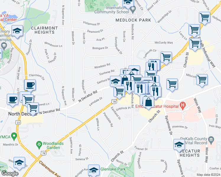 map of restaurants, bars, coffee shops, grocery stores, and more near 2437 North Decatur Road in Decatur