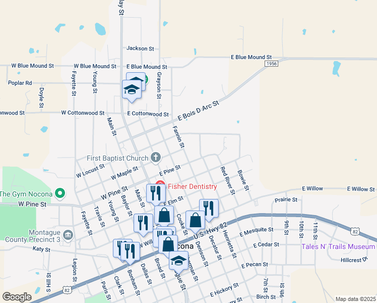map of restaurants, bars, coffee shops, grocery stores, and more near 504 Fannin Street in Nocona
