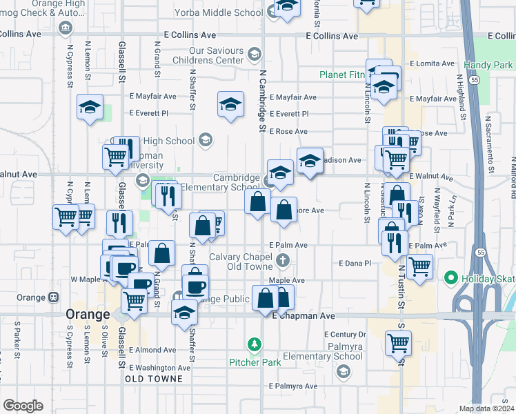 map of restaurants, bars, coffee shops, grocery stores, and more near 404 N Cambridge St in Orange