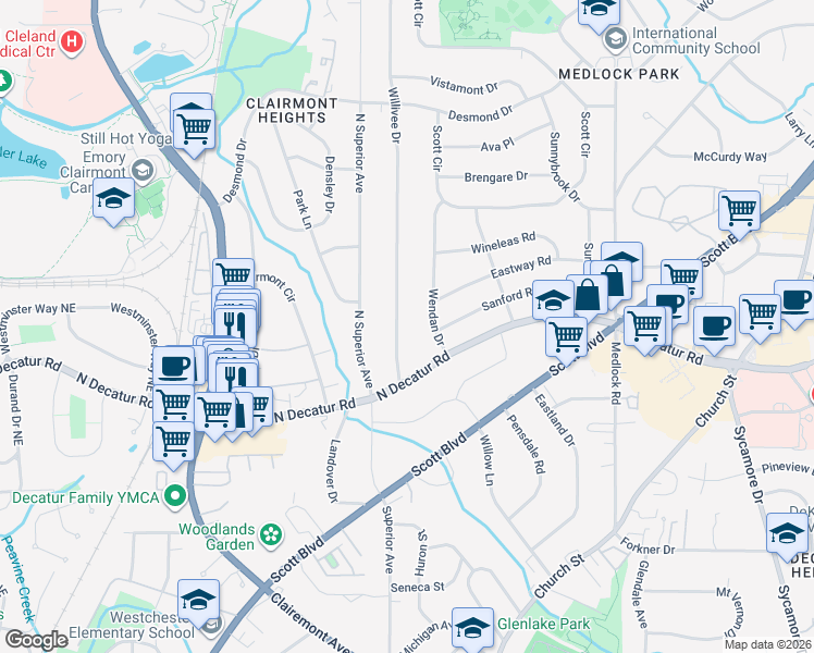 map of restaurants, bars, coffee shops, grocery stores, and more near 589 Willivee Drive in Decatur