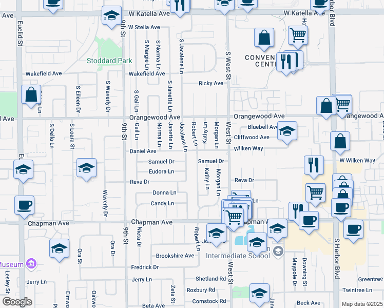 map of restaurants, bars, coffee shops, grocery stores, and more near 11812 Daniel Ave in Garden Grove