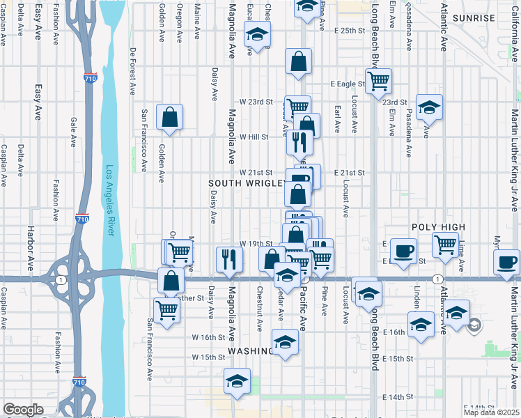 map of restaurants, bars, coffee shops, grocery stores, and more near 2285 Chestnut Avenue in Long Beach