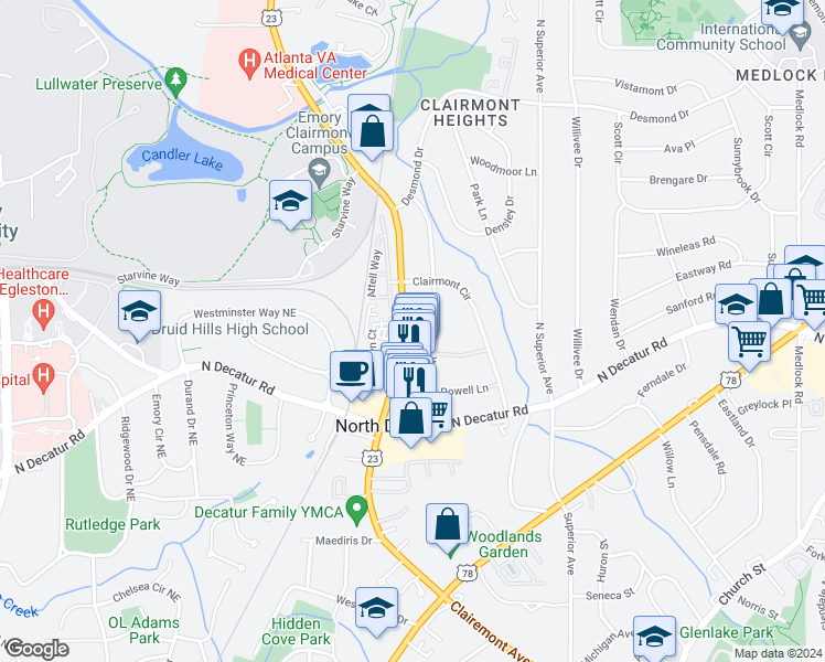 map of restaurants, bars, coffee shops, grocery stores, and more near 588 Emory Oaks Way in Decatur
