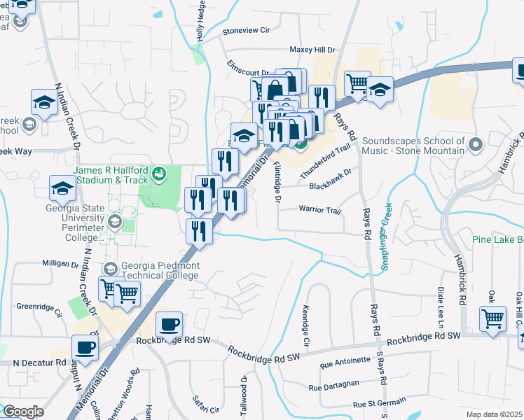 map of restaurants, bars, coffee shops, grocery stores, and more near 585 Doyal Mills Court in Stone Mountain